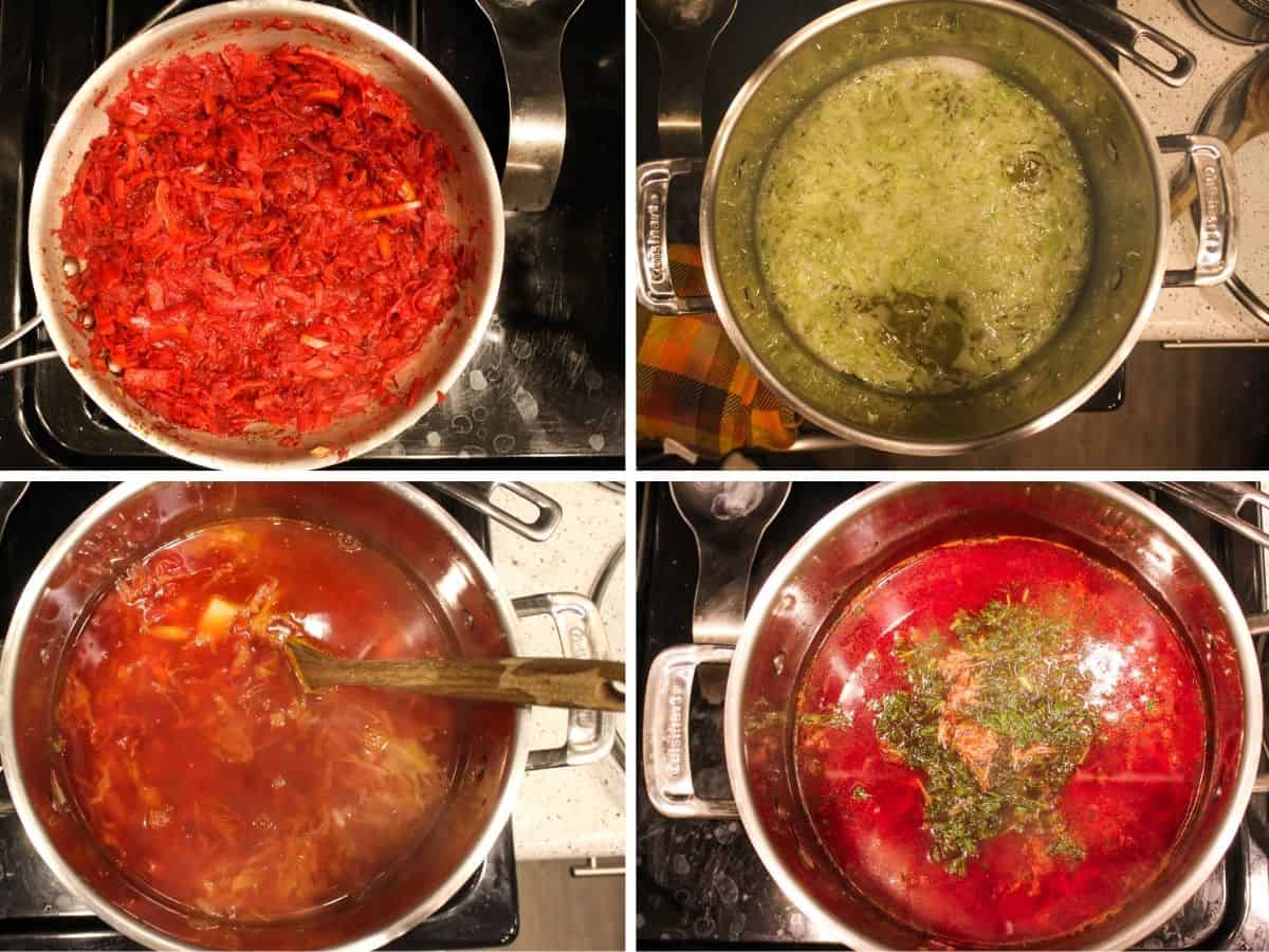 A frying pan with red shredded vegetables. A large pot with simmering potatoes and cabbage in water. A large pot with added red vegetables and fresh green herbs.