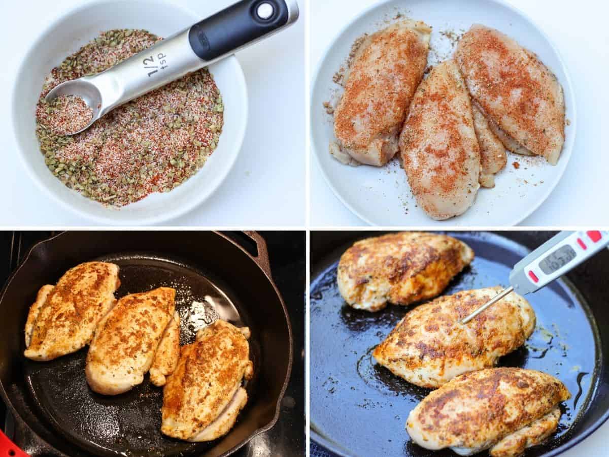 A white bowl with a prepared spice mix. 3 seasoned raw chicken breasts on a white plate. Searing 3 chicken breasts on an oiled cast iron skillet. A thermometer inserted into a cooked chicken breast registers 165°F.