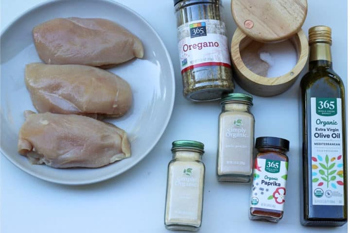 3 raw chicken breasts, salt, olive oil, spicies.
