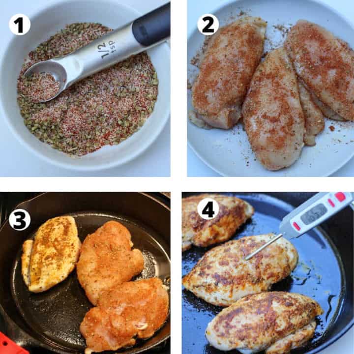 4 colage pictures how to make juicy cast iron chicken breasts.