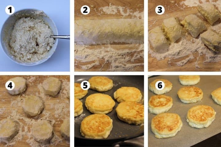 6 pictures colage with step by step syrniki recipe