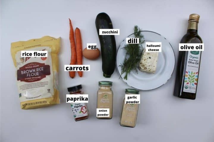 rice flour, carrots, egg, zucchini, dill, haulumi cheese, paprika, onion powder, garlic powder.