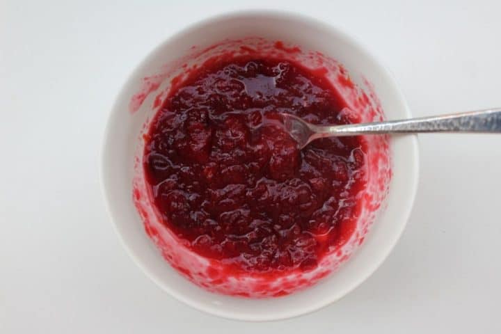 cranberry sauce in a white bowl.