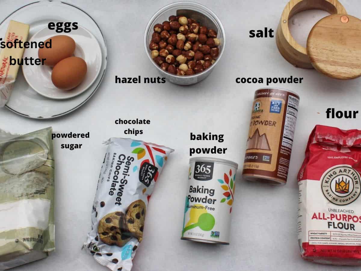 Labeled recipe ingredients on a white surface: eggs, butter, chocolate chips, baking powder, powdered sugar, hazelnuts, cocoa powder, salt ,flour, 