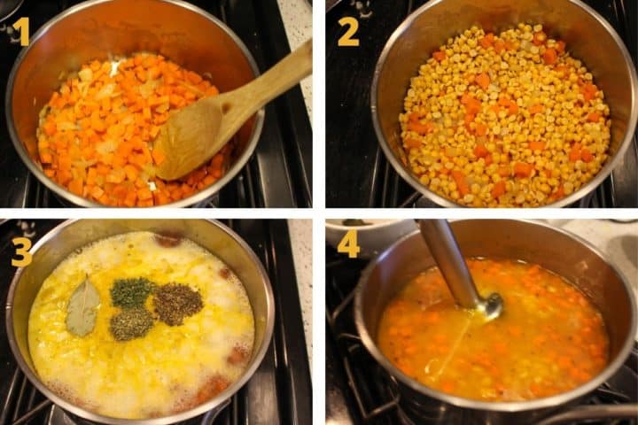 step by step collage of pictures how to make vegetarian split pea soup