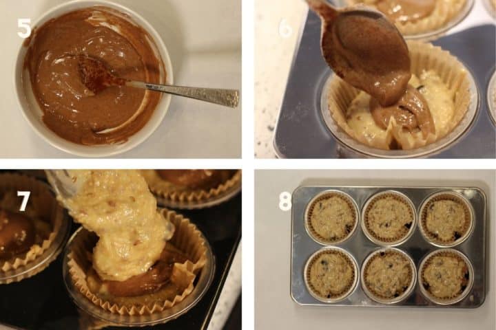 Picture collage with step by step instructions how to make muffins.