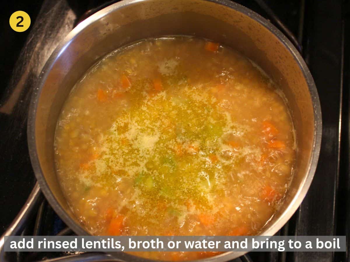 Red lentils and broth added to the vegetable base.