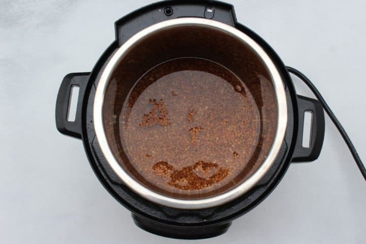 Overhead shot of instant pot with buckwheat and water in it.