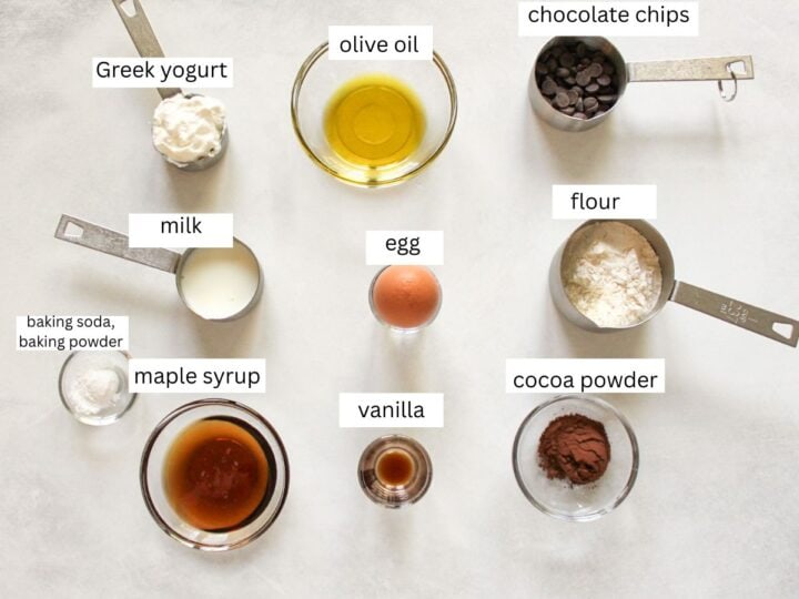 Recipe ingredients for making small batch chocolate chip muffins.