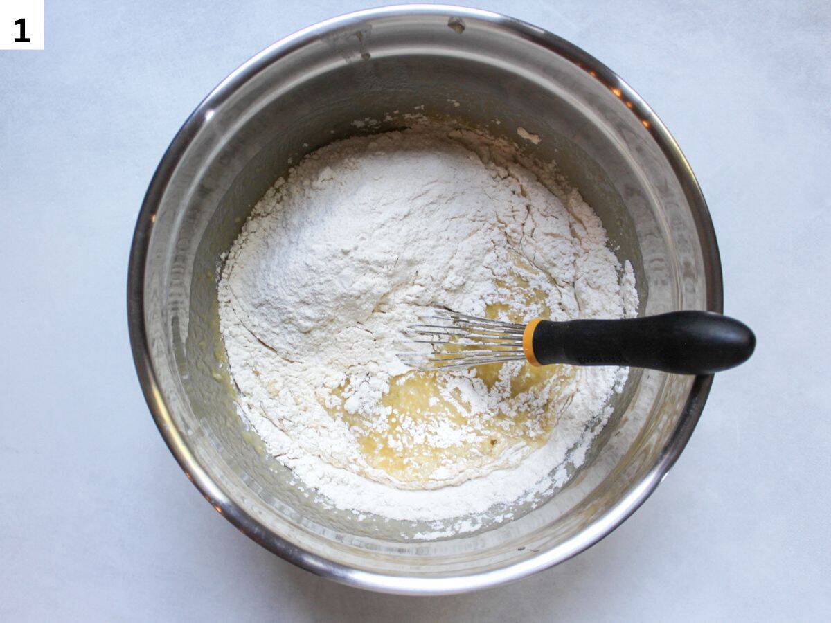 Mixing wet and dry ingredients for making 6 chocolate chip muffins.