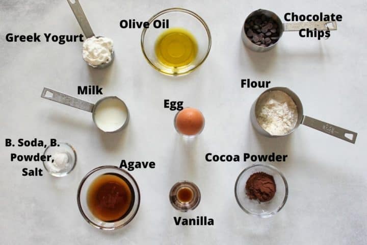 The image of all ingredients needed for small batch chocolate chip muffins.