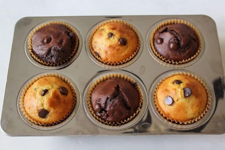 Six baked vinila chocolate chips and double chocolate muffins in a 6 regular muffin pan with liners.