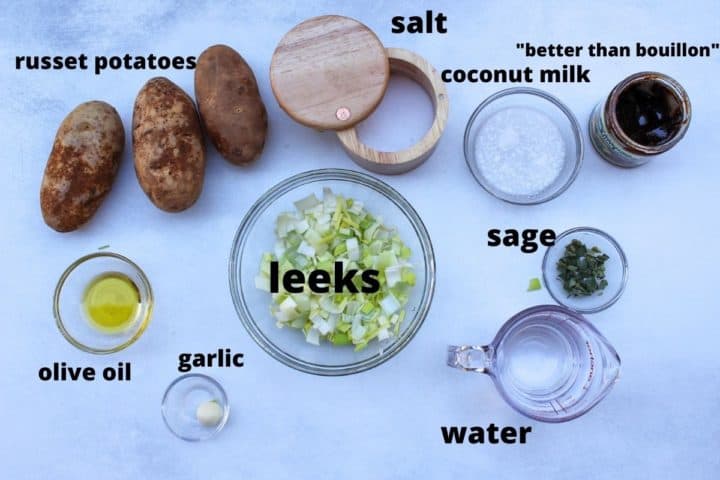 A shot of Ingredients needed to make instant vegan potato leek soup.