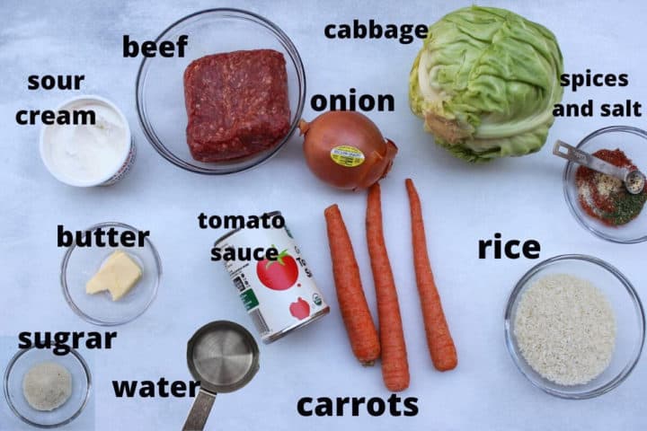 Ingredients to make ukrainian lkazy cabbage rolls.