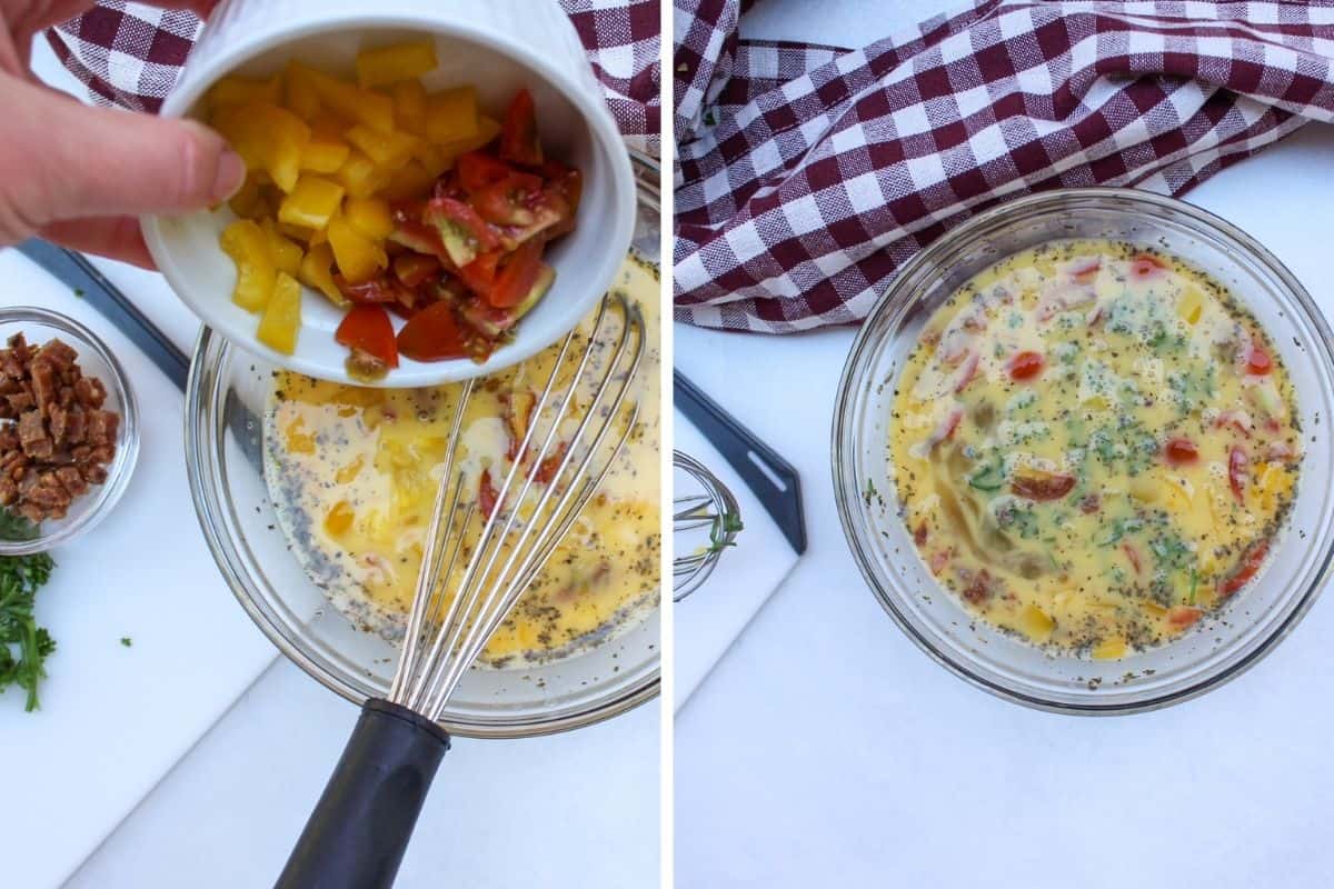 Process shot collage picture consitsting of 2 images: first one is the bowl wiith mixed eggs on a clear surface with shown diced vegetables being added to it.There is still a whisk inside the bowl. The second image shows the same bowl with already added yellow, red and green vegetables. There is a kitchen towel on top.