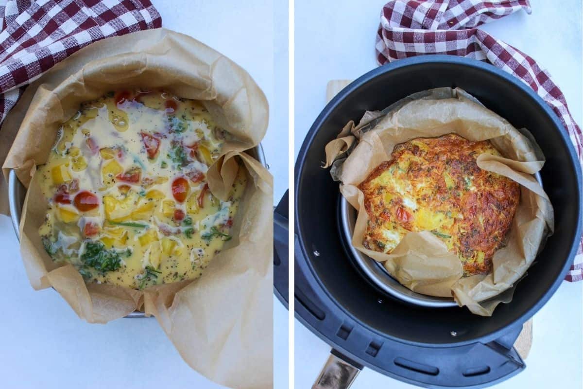 Process shot collage picture consitsting of 2 images: one shows the cake pan with still uncooked eggs. The second one is the cake pan inside the airfyer basket with already cooked golden omelette in it.