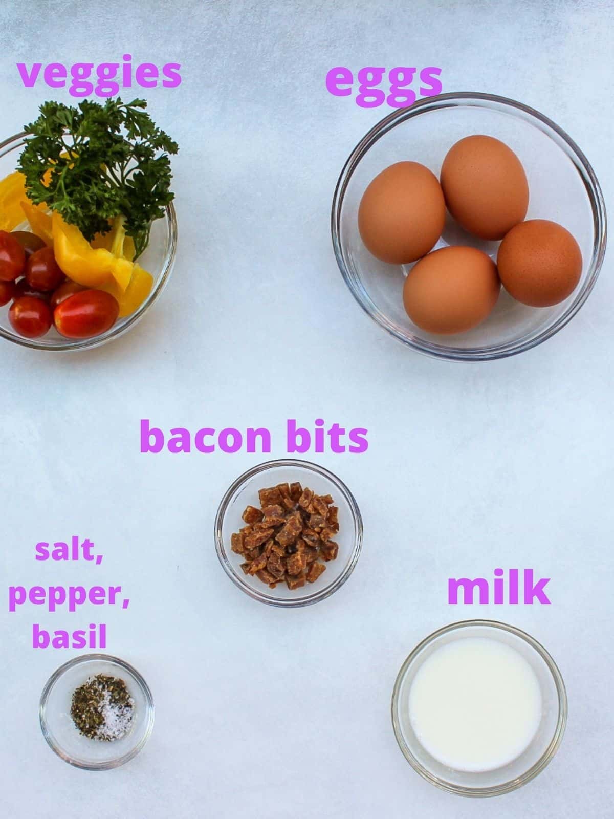 Labeled recipe ingredients on the white background: fresh parsley, slices of yellow bell pepper, cherry tomatoes, four eggs, bacon bits, small bowl with spices and smal and a bowl with some milk.