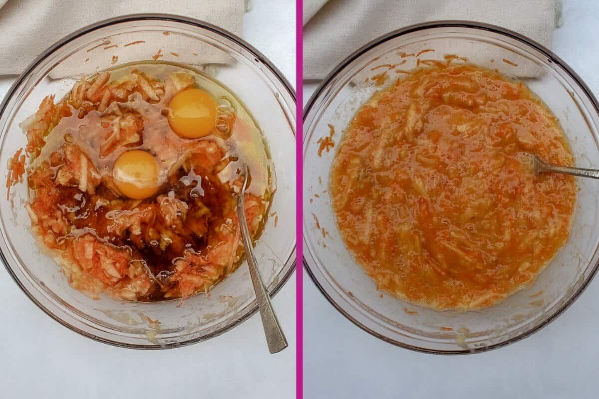 Process shot 3. A collage of two pictures: one is the 2 eggs and other wet ingredients added to shredded apple and carrots with bananas. Second one is already mixed wet ingredients in a glass bowl.