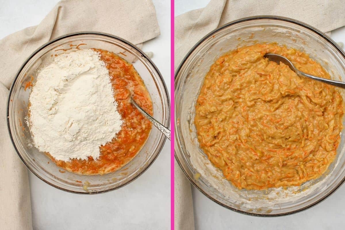 Process image 4. A collage of 2 pictures: one is the white flour is poured over the orange color wet ingredients. Second one shows the mixed orange thick muffin batter.