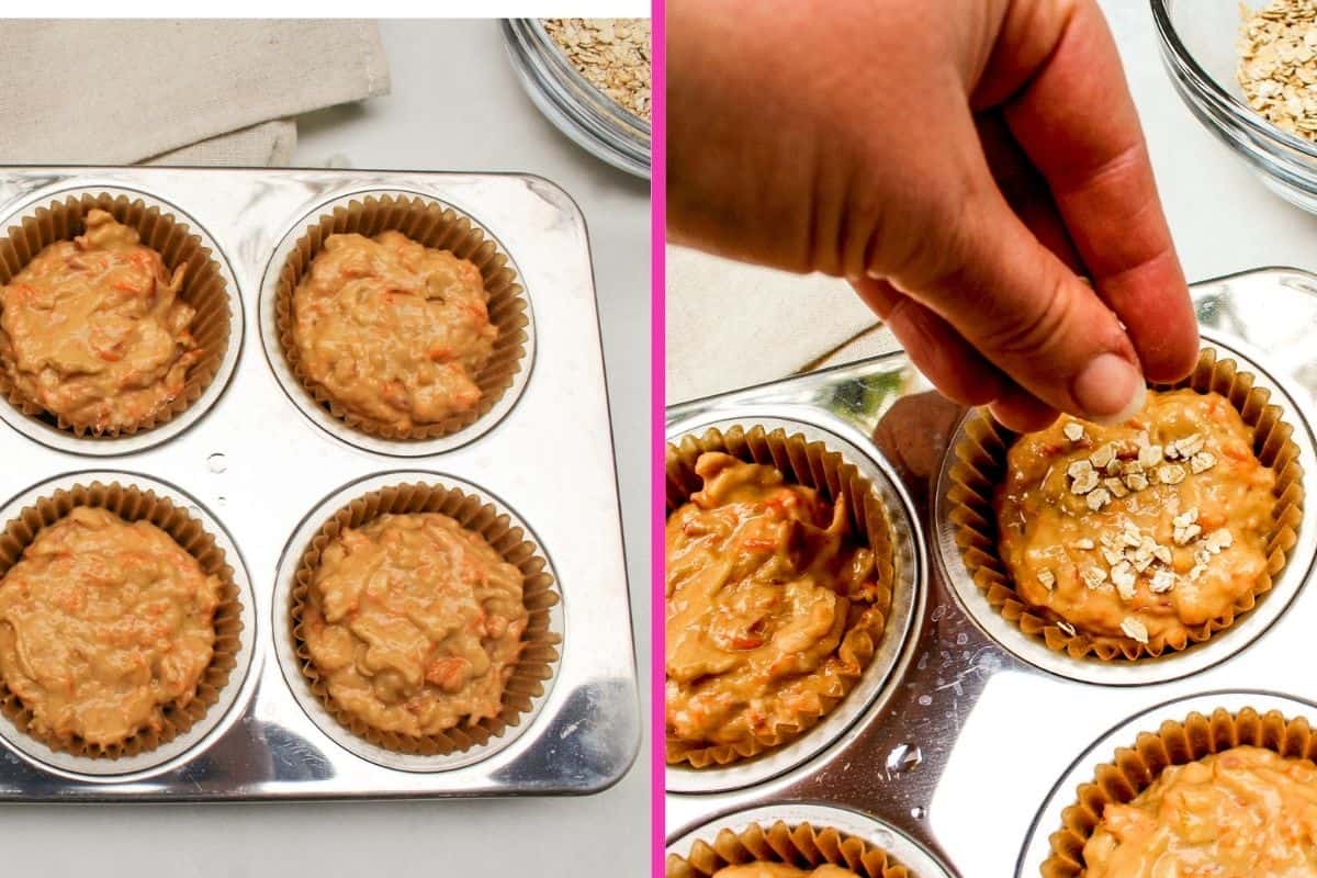 Process shot 5. A collage of two pictures: one is the partially shown muffin pan with batter in it. Second one is the muffin batter in a muffin pan being sprinkled with rolled oats on top.