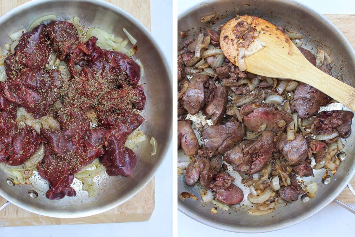 Two process shots showing the process of browning chicken livers.