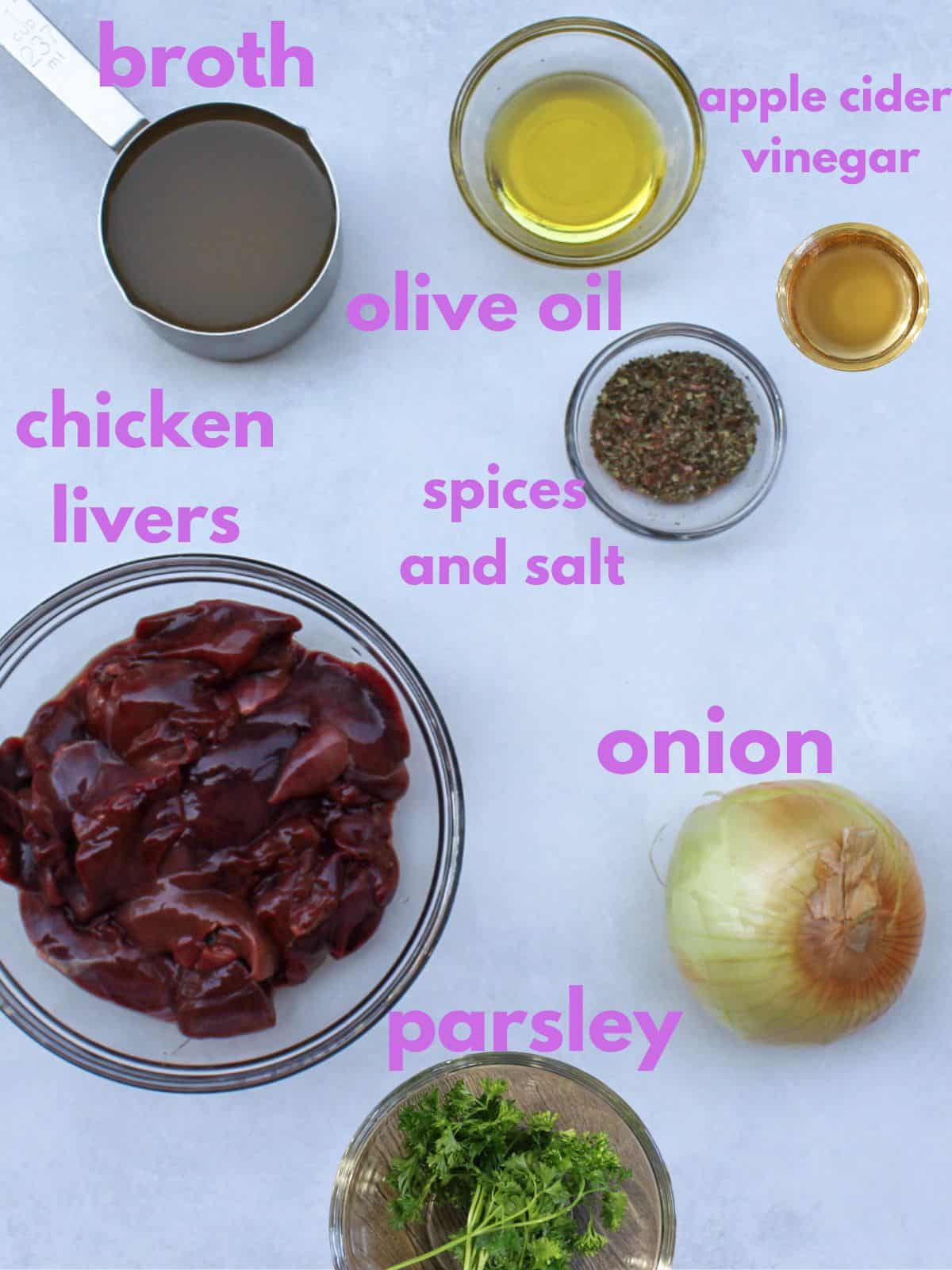 Image of all ingredients to make this chicken liver stew. All the ingrdients on the image are labeled. 