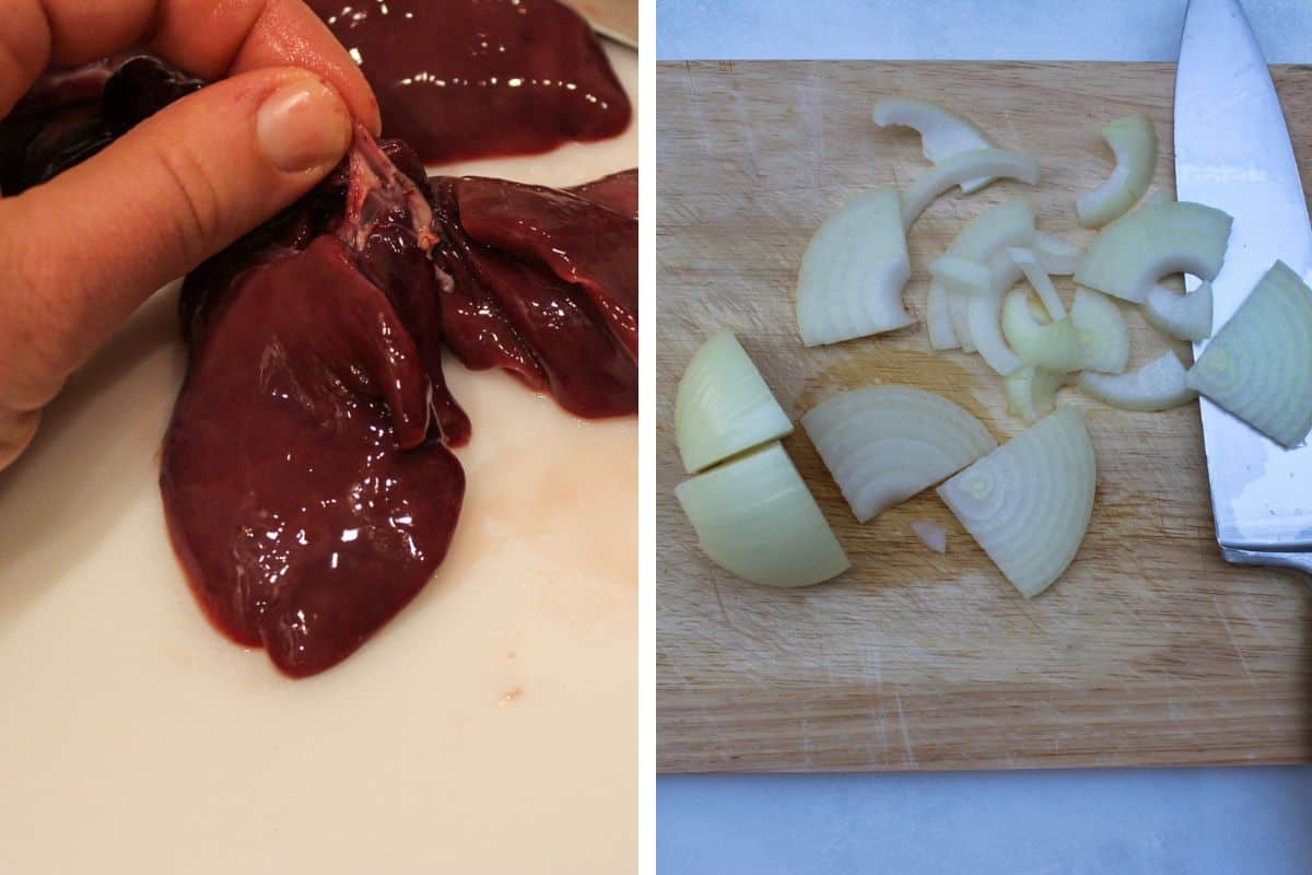 Two images showing how to trip livers and slice onions. 