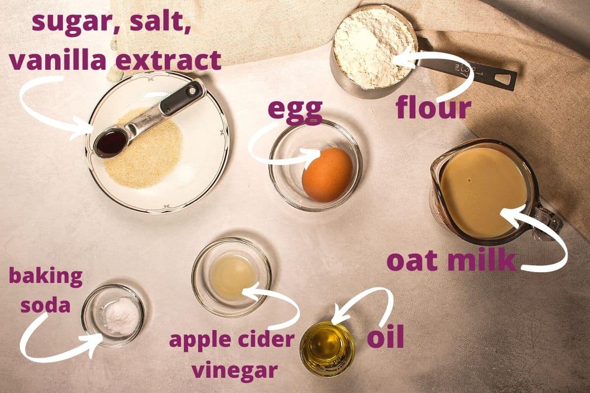 Labeled Ingredients to make oat milk pancakes: sugar, salt, vanilla, egg, flour, oat milk, baking soda, apple cider vinegar, oil.
