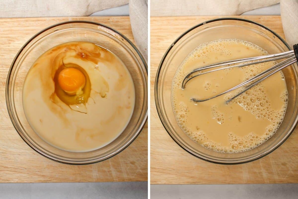 Collage picture of two process shots: one is the bowl with milk and cracked egg with the whole yolk in it; second picture is the same bowl with already mixed content and a whisk in it.