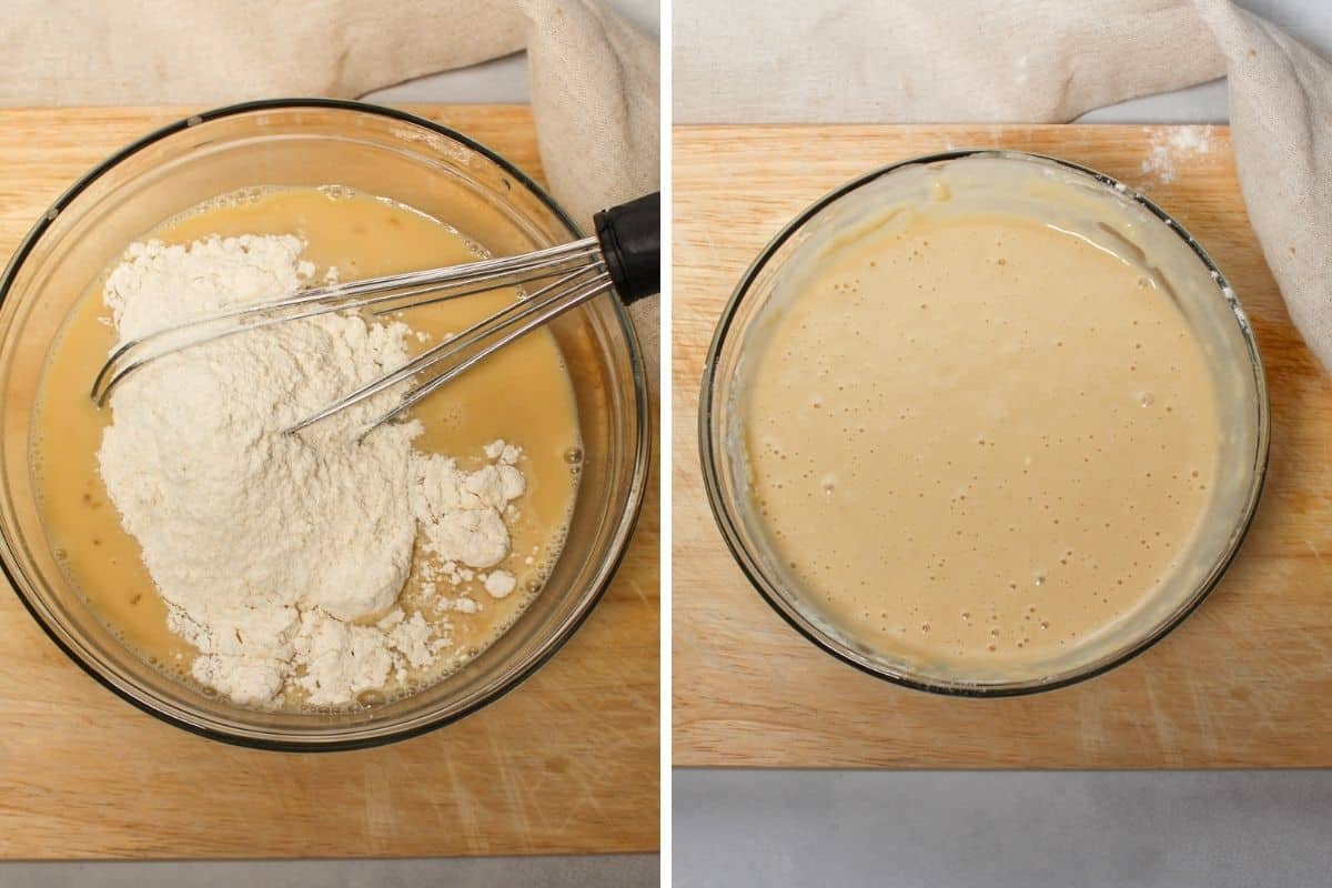 Collage picture of two process shots showing the flour added to the wet ingredients and then mixed into a batter.
