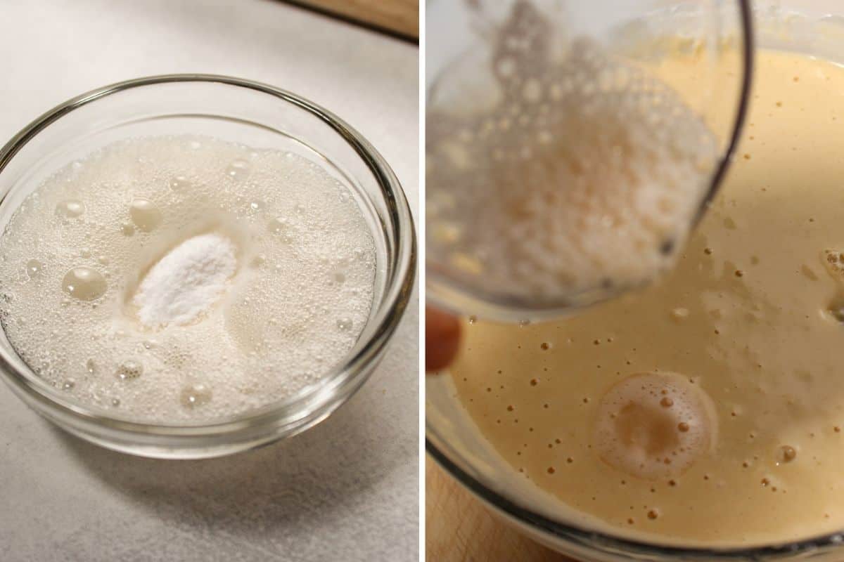 Collage picture of two process shots showing the bubbly leavening agent being mixed, and then added to the pancake batter.