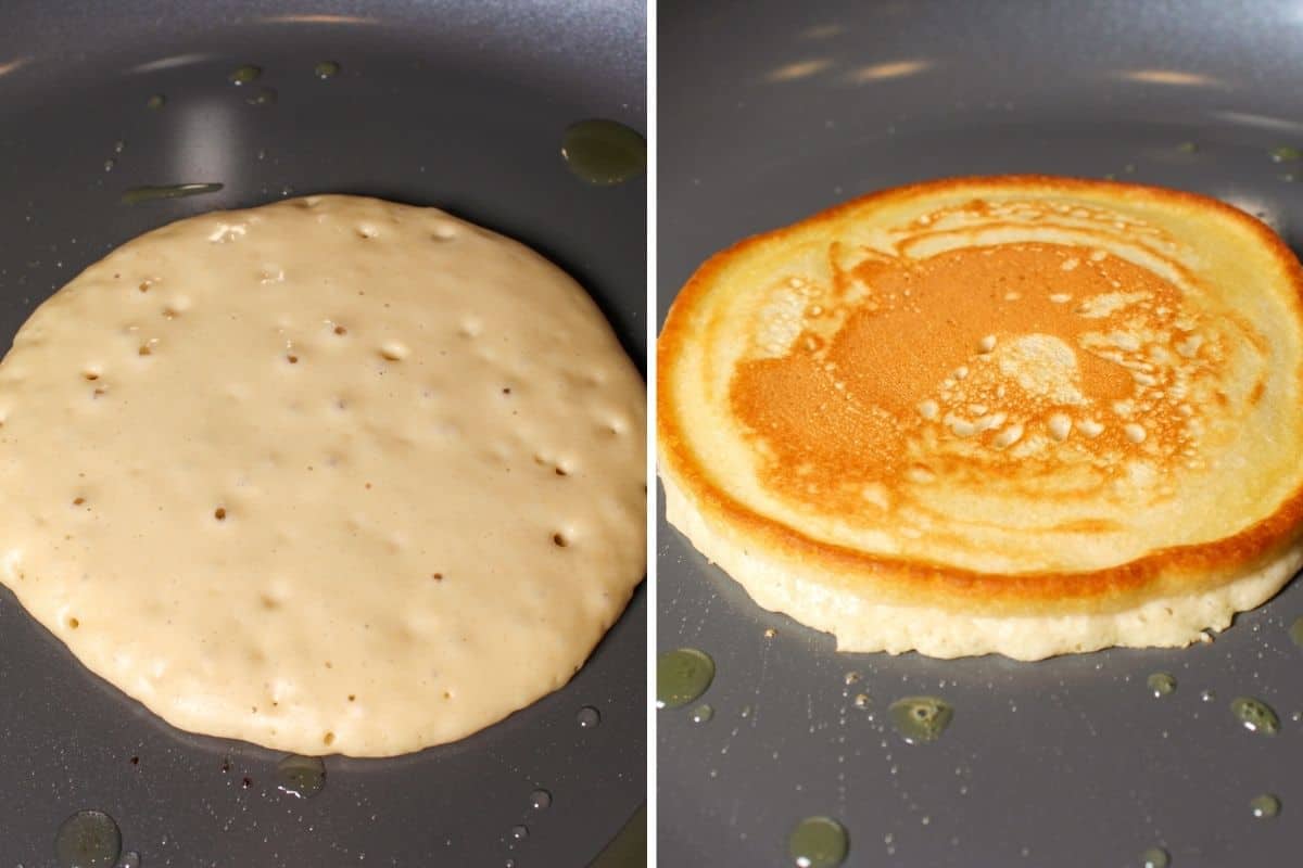 Collage picture of two process shots: first one is the frying pan with a panckae being cooked. There is some small bubbles on the surface of a pancake. Second picture shows the flipped pancake with the golden top side.