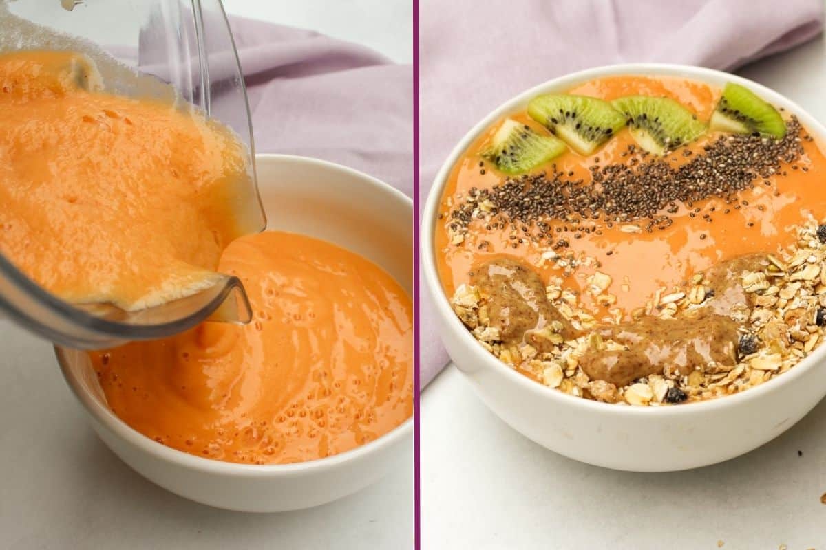 A collage image showing two process shots. The first image depicts all smoothie ingredients loaded into a Vitamix smoothie container, while the second image shows the blended ingredients transformed into a smoothie.