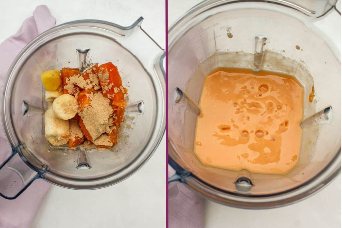 Collage image constisting with 2 process shots: first one shows all smothie ingredients loaded into a vitamix smoothie container, second one - already blended ingredients into smoothie.