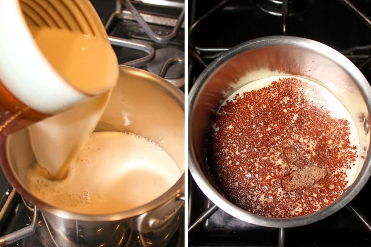 Collage of two images showing first the milk being poured into the saucepan and then, the chocolate added to the milk. The saucepan is on top of the stove.