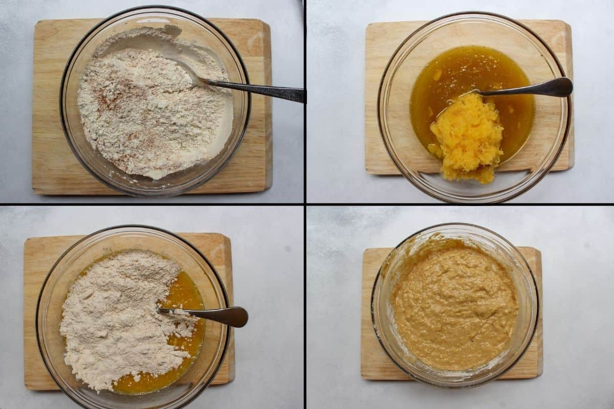 A 4-image collage showing the process of mixing wet and dry ingredients.