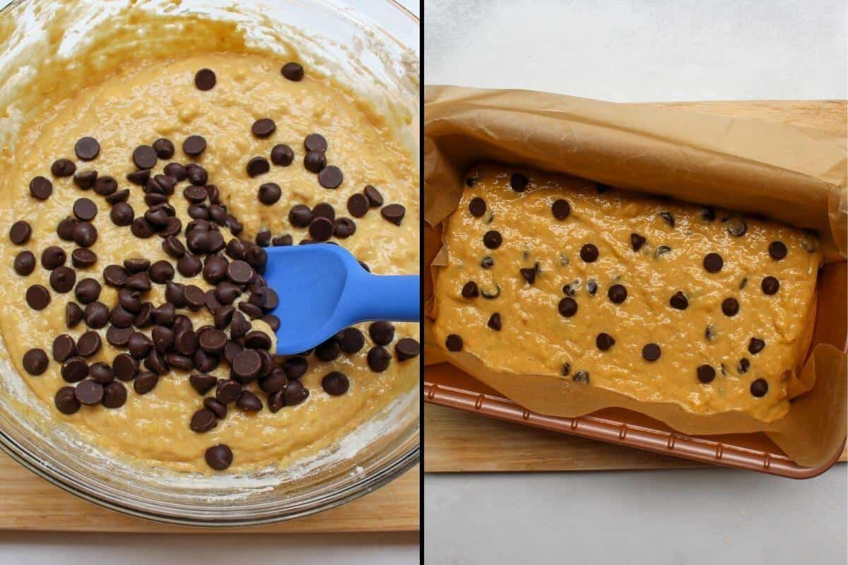 A two-image collage with chocolate chips is mixed into the batter and the batter is poured into the bread loaf pan.