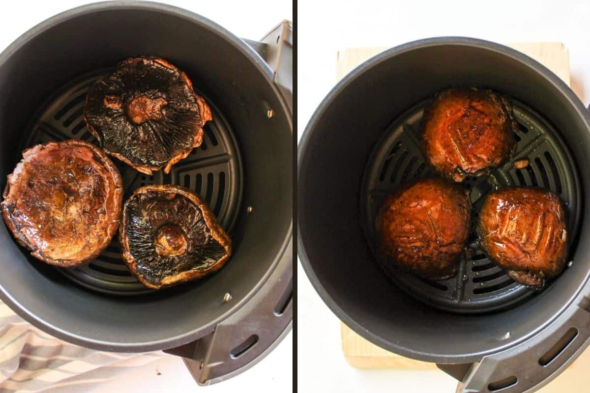 Collage of two process shots of the air fryer basket with mushrooms before and after airfrying.