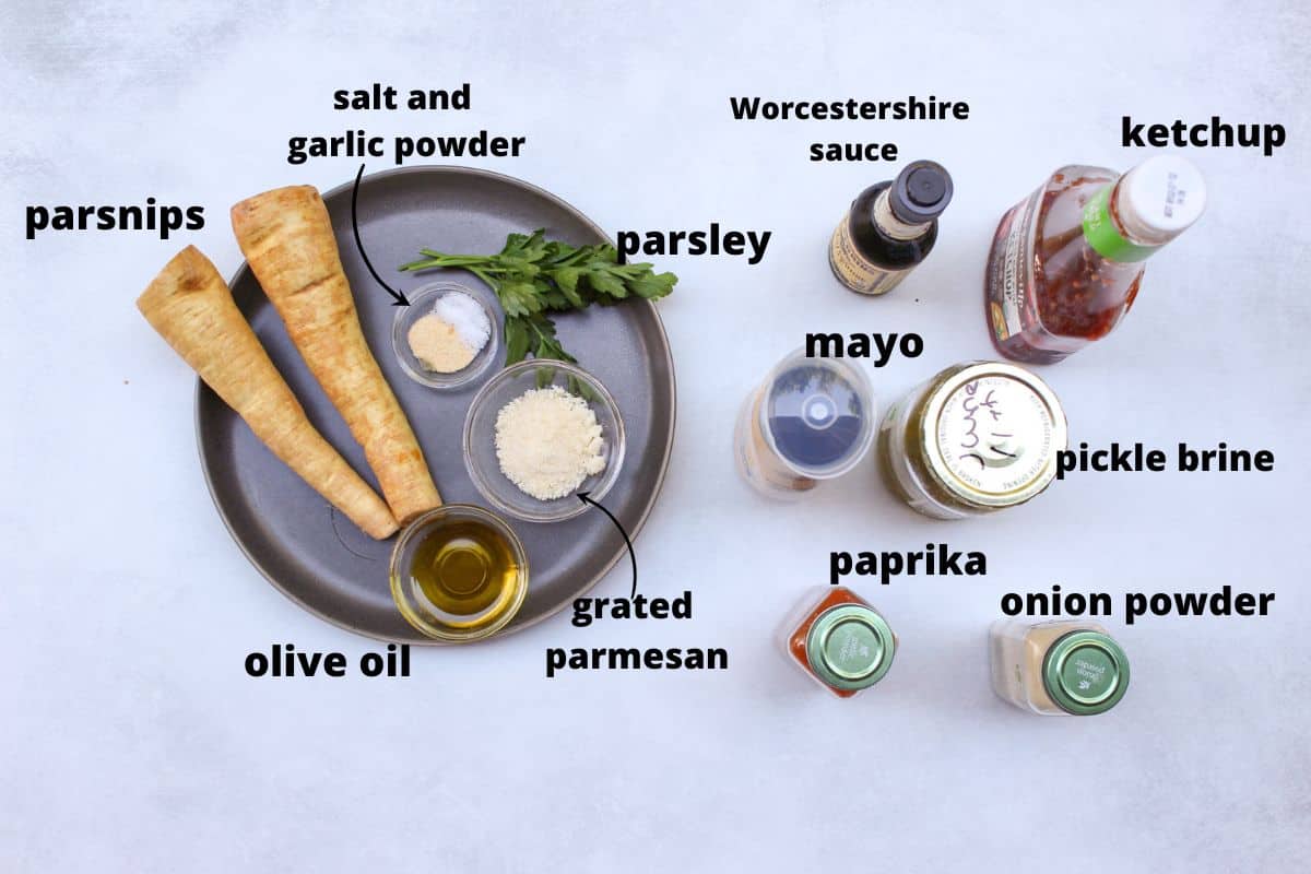 Labeled air fryer parsnip fries recipe ingredients on a white background.