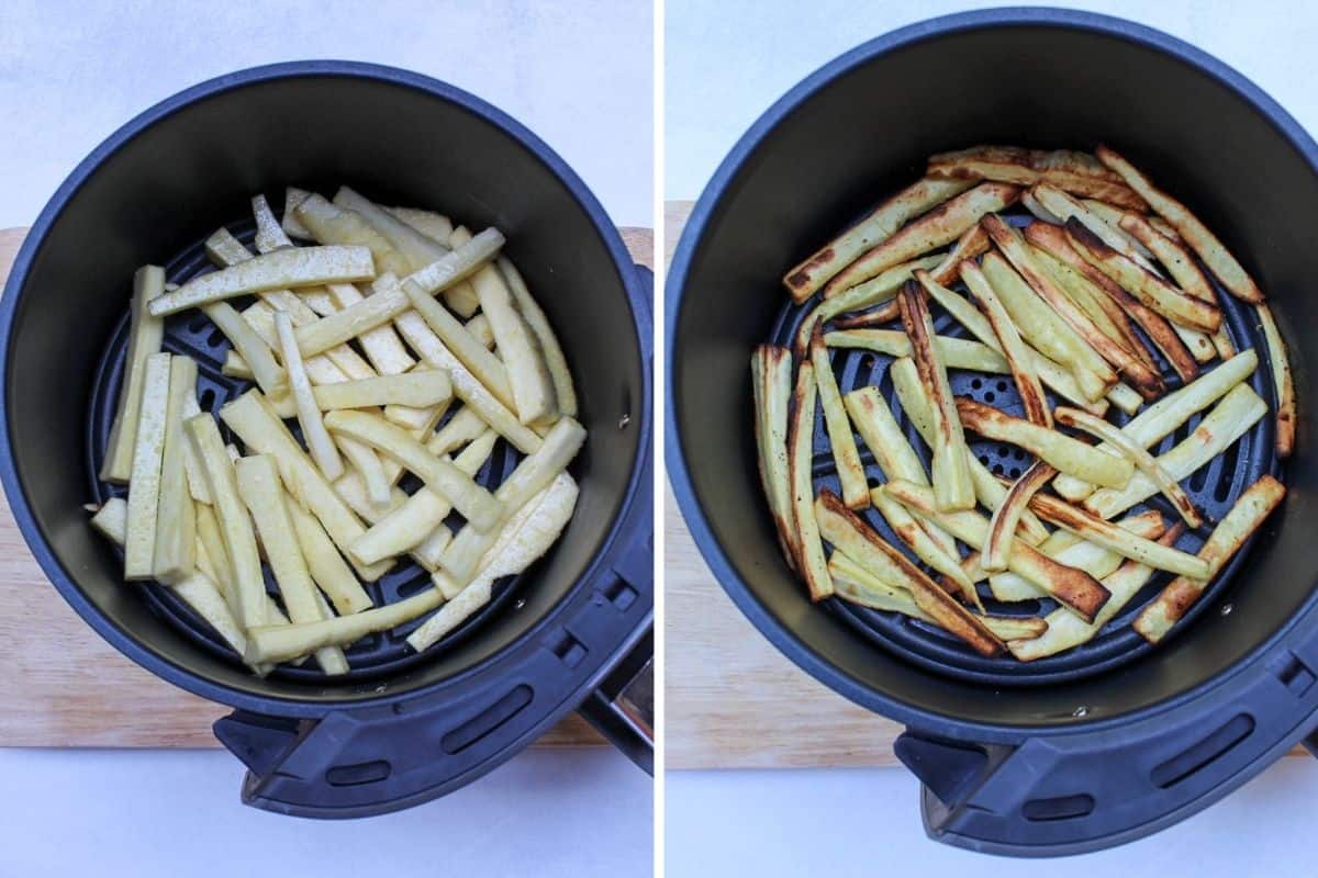 Two process shots collage showing uncooked fries in a air fryer basket on the left and cooked ones on the right side. 