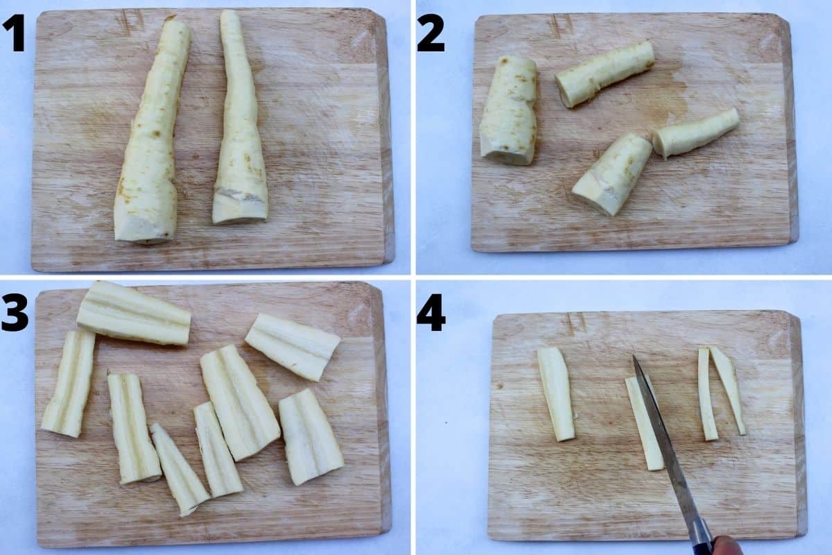 4 process shots in a collage with step-by-step instructions how to cut the parsnips.