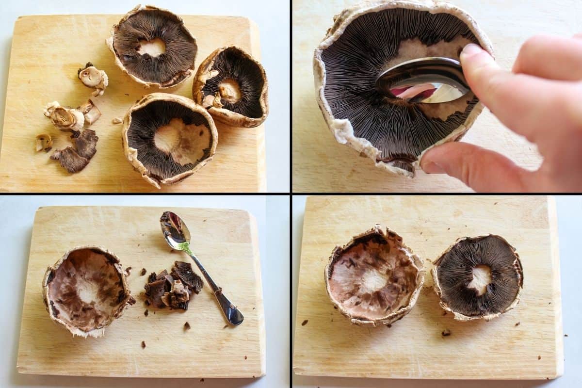 Collage of 4 process pictures showing how to remove stems and gills.