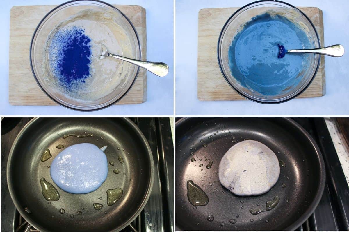 4-image collage with step-by-step directions on how to make a blue batter and cook the pancakes.