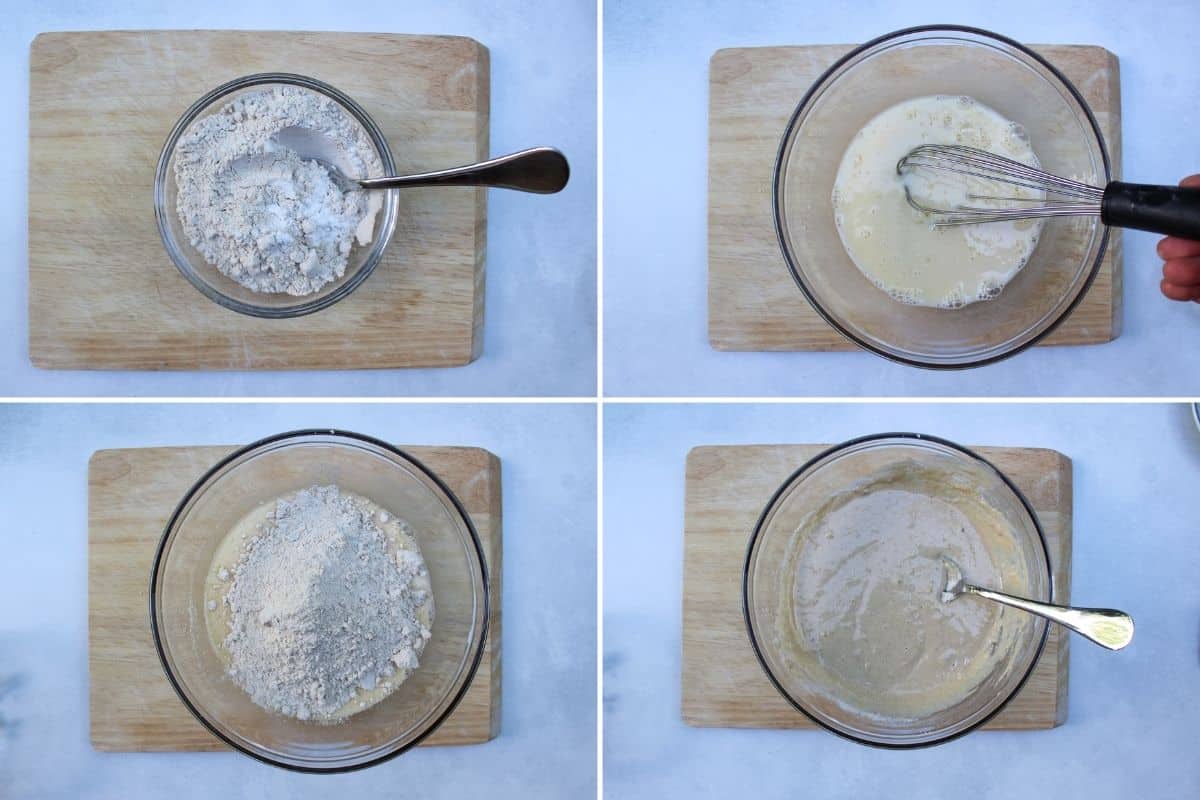 4-image collage with step-by-step directions on how to mix dry and wet recipe ingredients.