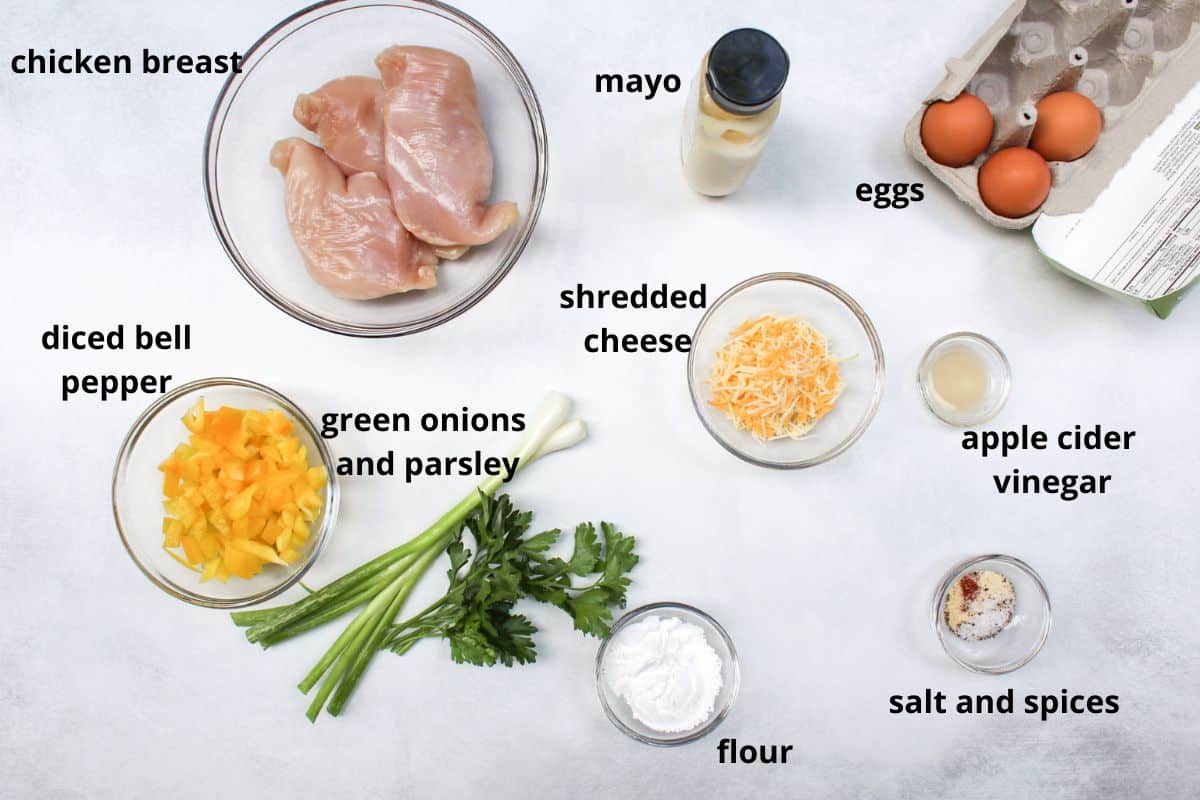 Labeled and prepared ingredients to make chicken muffins recipe.