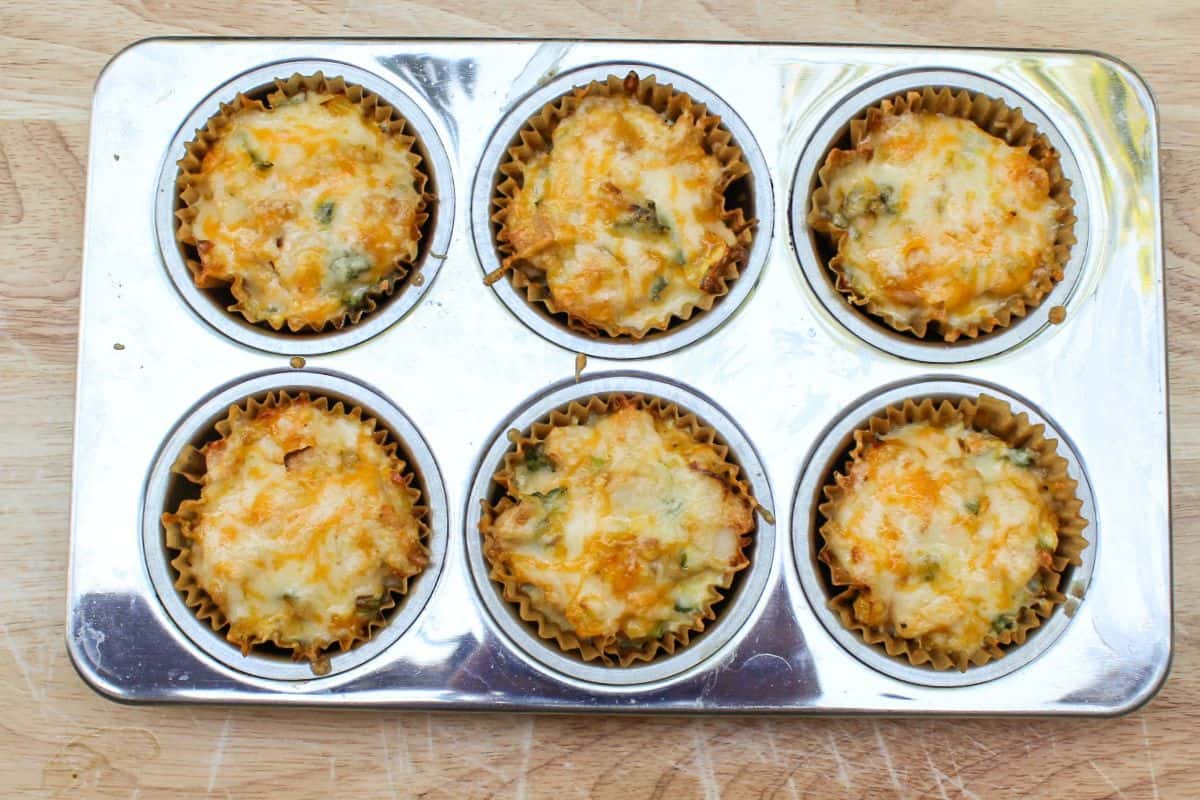 Pan with 6 cooked savory muffins.