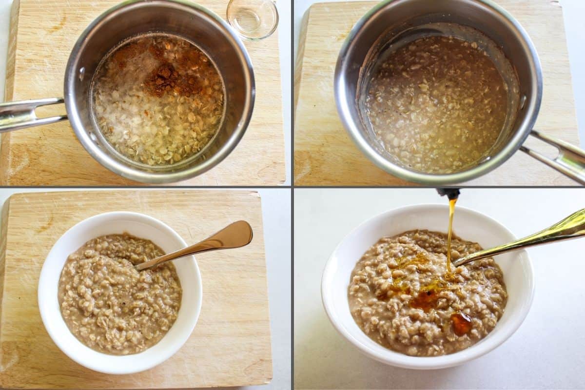 Collage of 4 images with step-by-step instructions how to prepare the oatmeal.