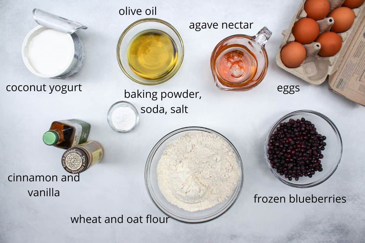 Overhead shot of recipe ingredients on a white background. The ingredients are labeled with their names.