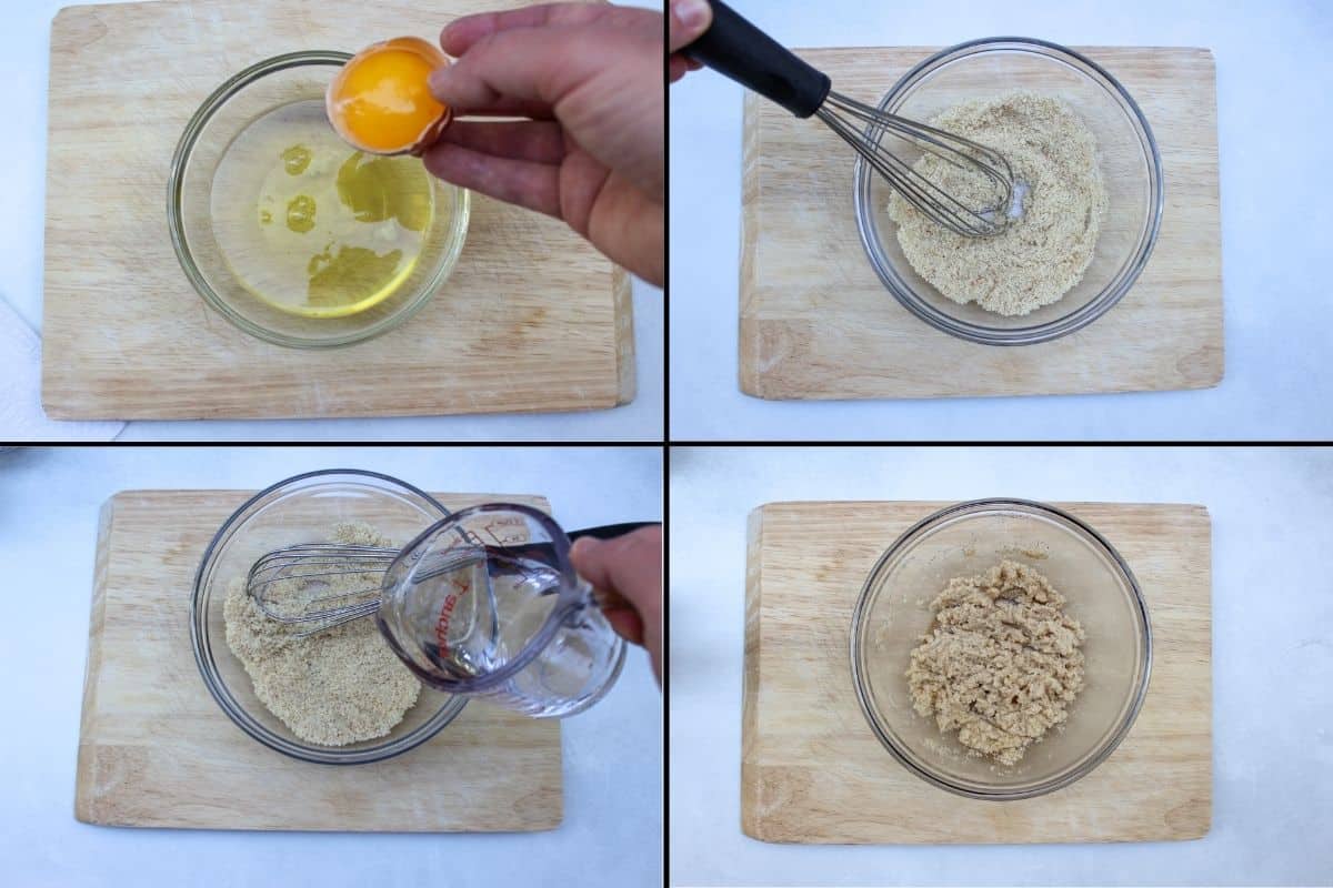 4-image collage showing step-by-step direction how to separate whites from yolks and  how to mix dry ingredients with hot water.