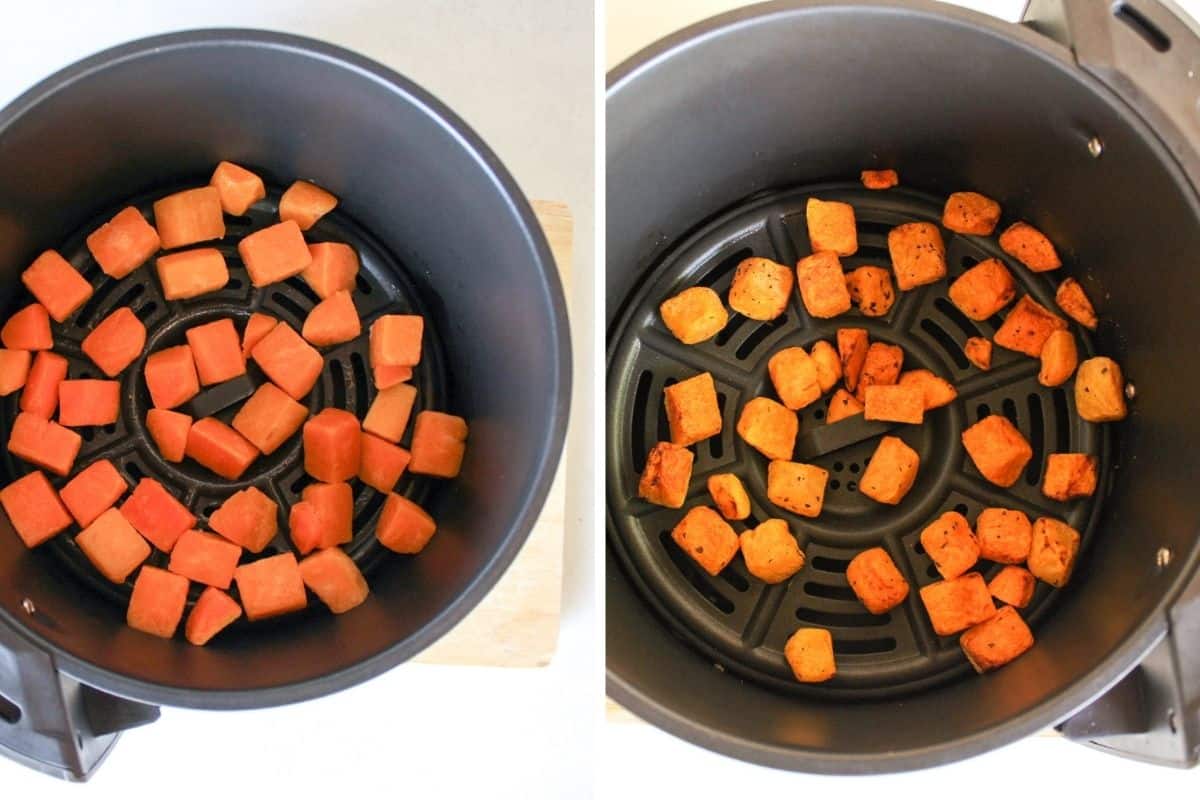 A collage of two images with uncooked and cooked butternut squash cubed in air fryer basket.